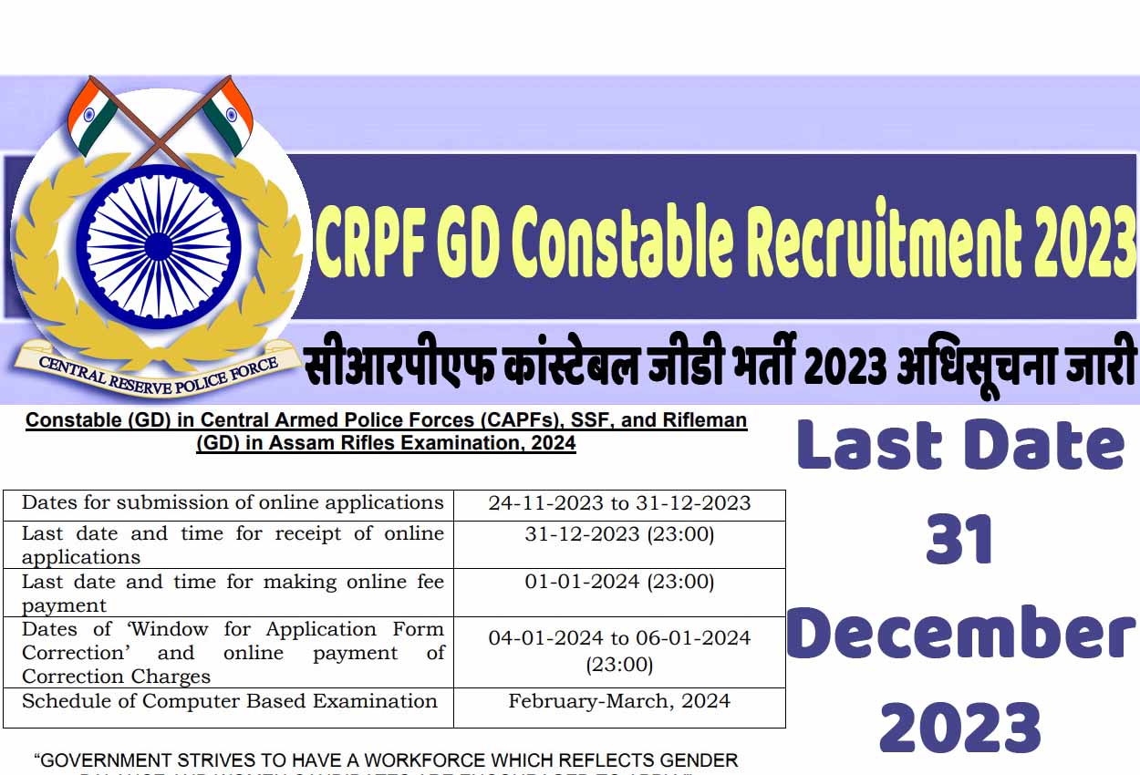 CRPF GD Constable Recruitment 2023 सीआरपीएफ में जीडी कांस्टेबल के पदों पर निकली भर्ती