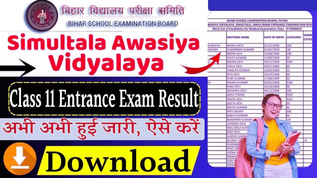 Simultala Awasiya Vidyalaya Class 11th Entrance Exam Result